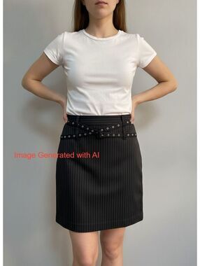 Esther Chen Black White Pinstripe Miniskit With Double Belt Loops Size 10 EUC